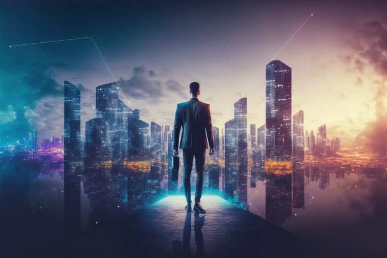 empresario andando na plataforma de realidade virtual para cidade inteligente futurista
